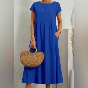 Loose Pocket Solid Linen Dress